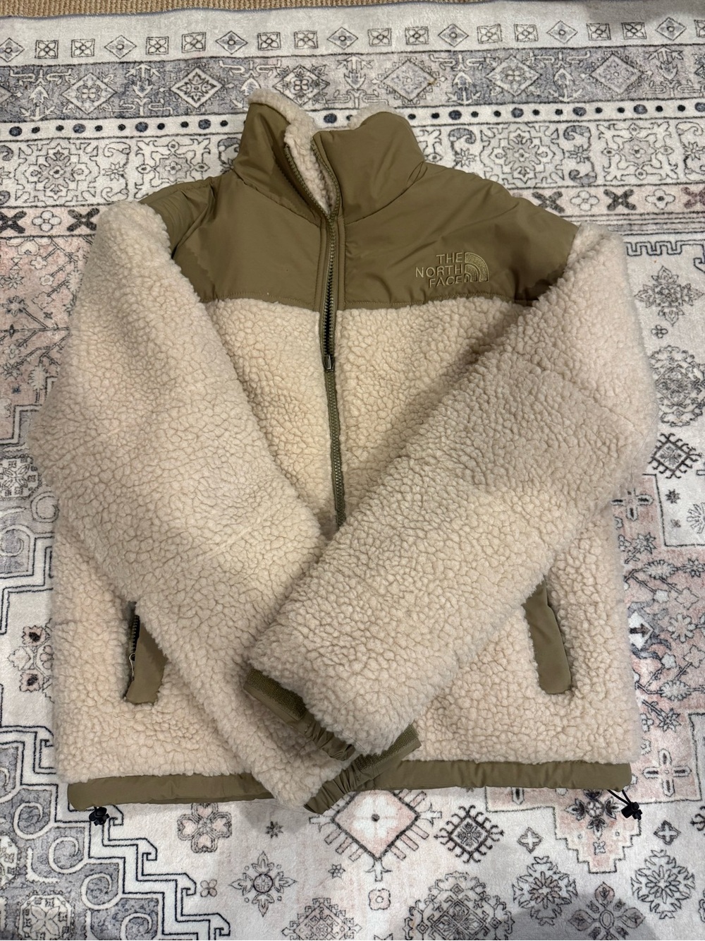 The North Face Cream Sherpa Jacket with Olive Nylon Yoke